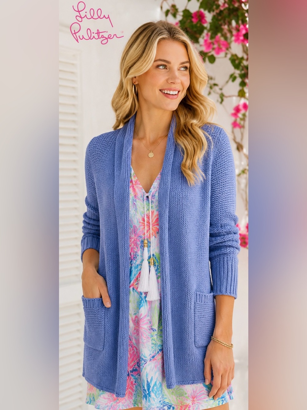 Lilly Pulitzer Blue Open Front Knit Cardigan Sweater Size M